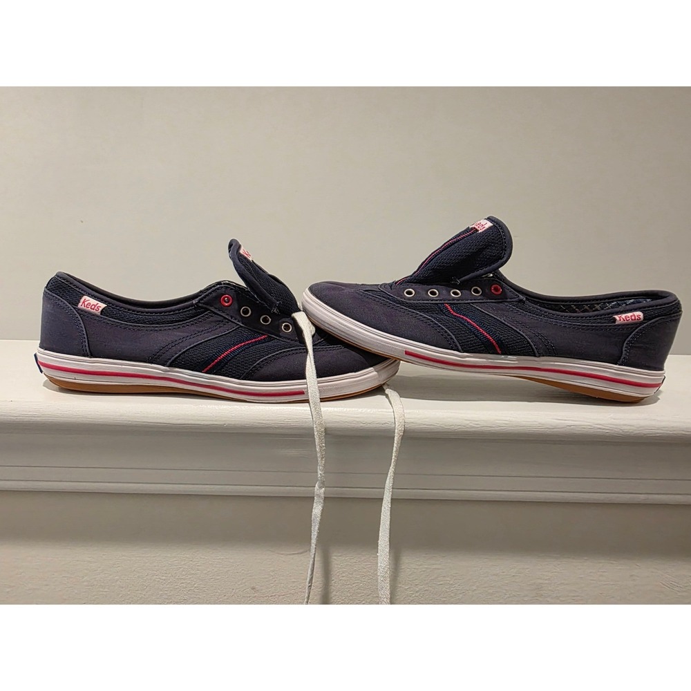 Women's sz 6 Keds Navy Blue Mesh Canvas Low Top Sneakers Red Stripe WF-46598M